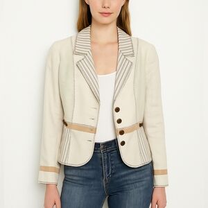 Coldwater Creek Linen Blend Mixed Media Blazer Size 10 P Ivory Artsy Coastal